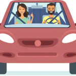 A young woman driving with a young man