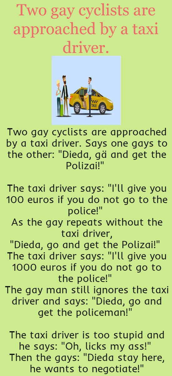 Two gay cyclists are approached by a taxi driver.