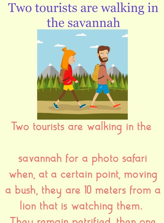 Two tourists are walking in the savannah