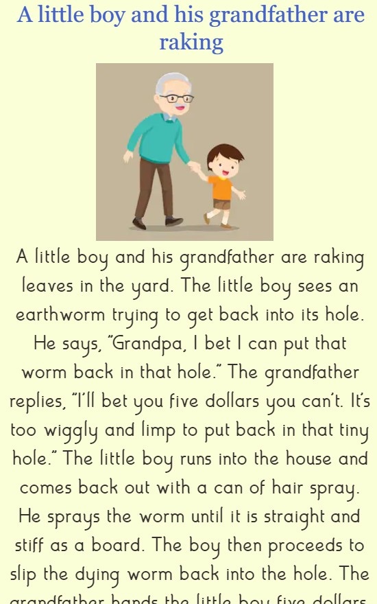 A little boy and his grandfather are raking 