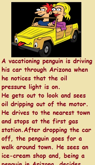 A vacationing penguin is driving his car