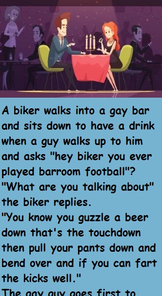 A biker walks into a gay bar and sits down 