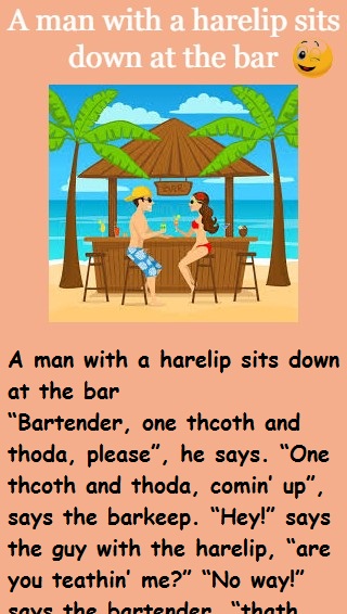 A man with a harelip sits down at the bar