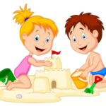 A little girl and a little boy are sitting in the sandpit