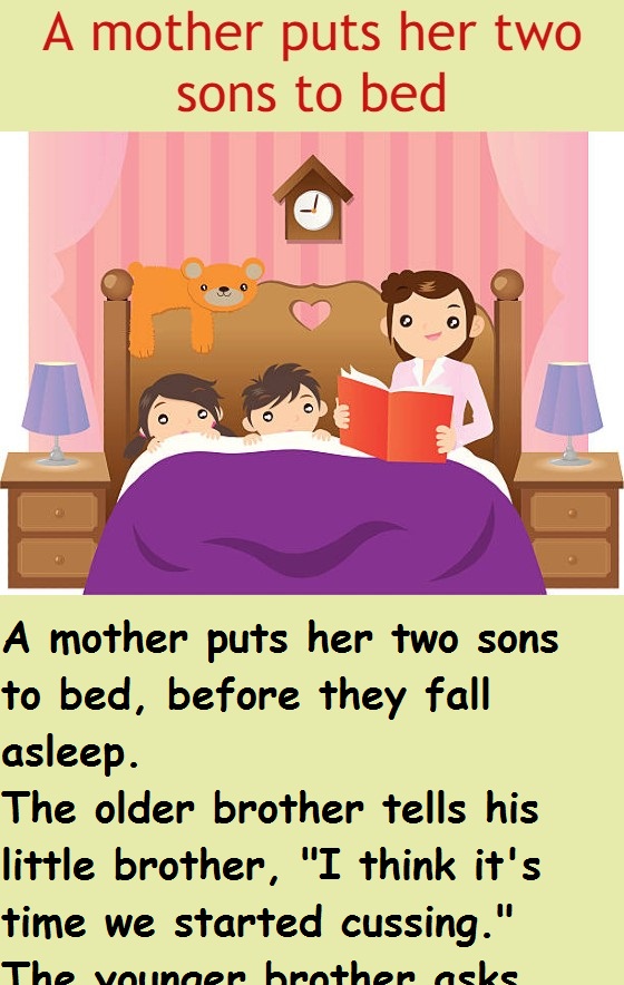 A mother puts her two sons to bed