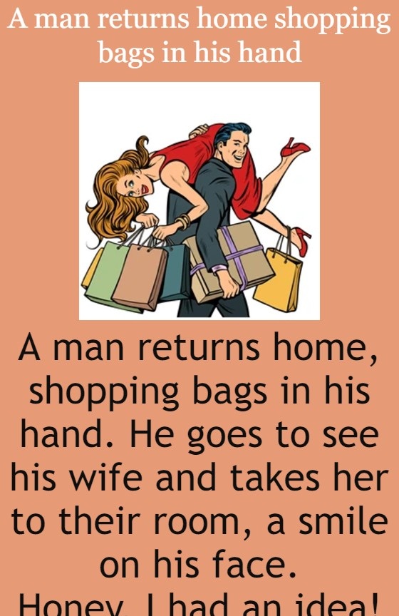 A man returns home shopping bags in his hand