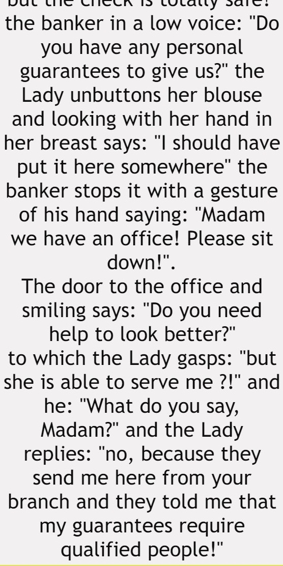 A beautiful blonde lady walks into a German bank