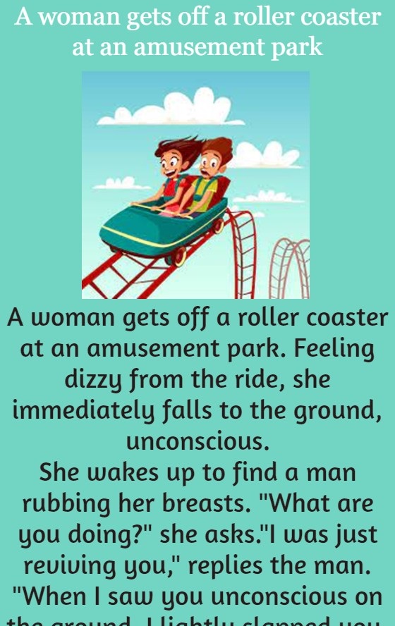 A woman gets off a roller coaster at an amusement park