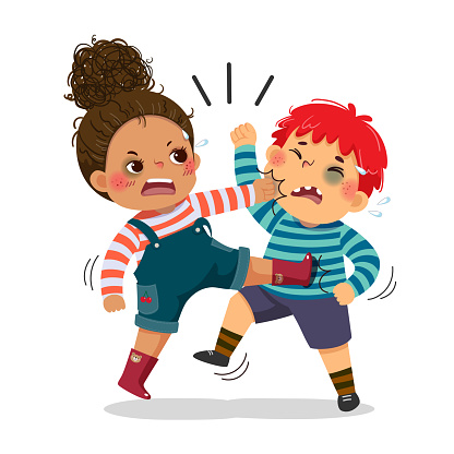 A little girl and boy are fighting