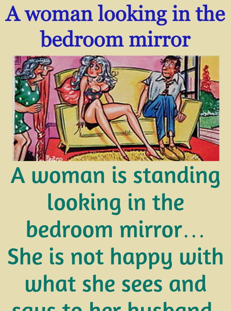 A woman looking in the bedroom mirror